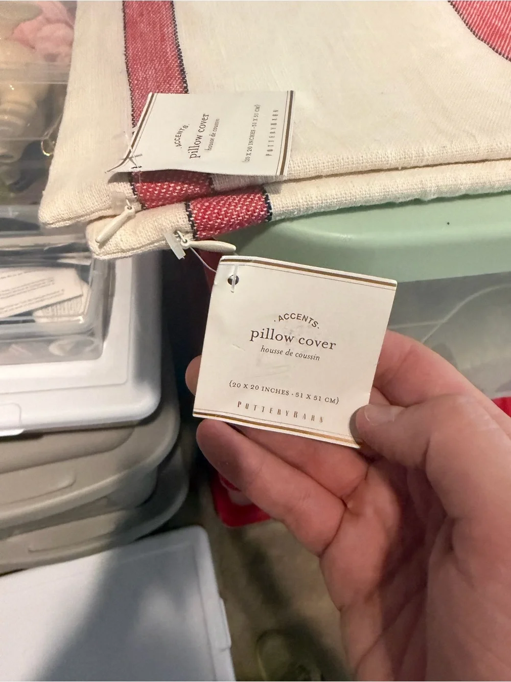 Pottery Barn Bodie Striped Red & Cream Accent Pillow Cover 20” Square (set of 2)